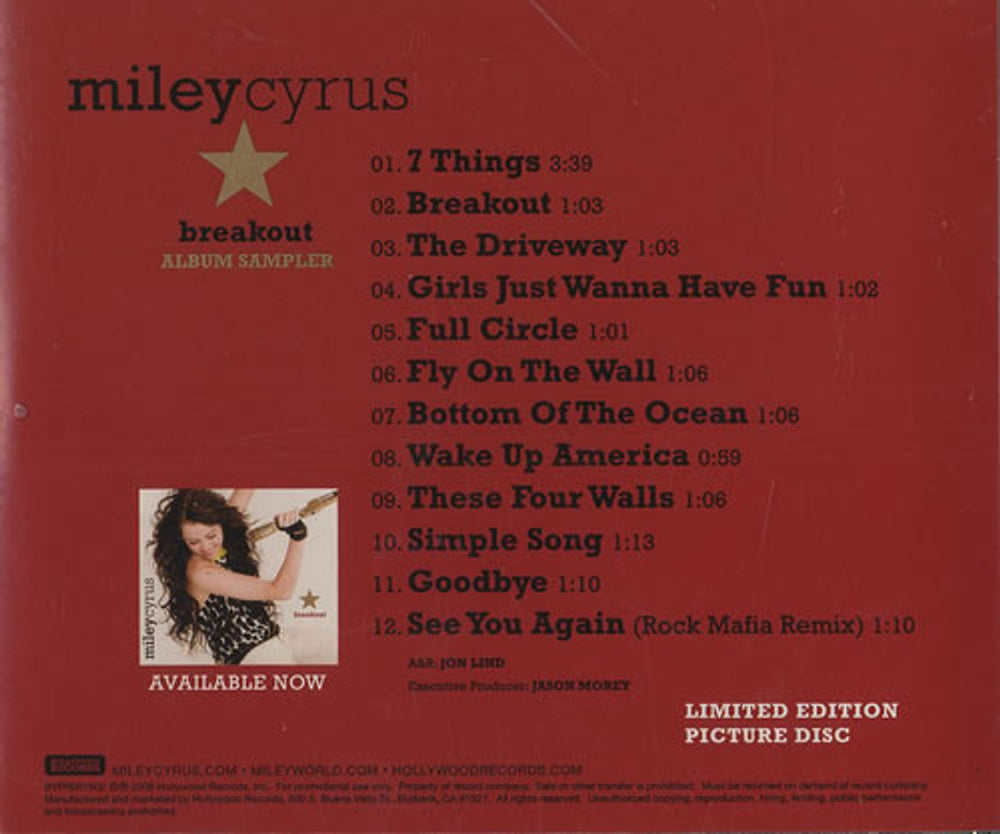 Miley Cyrus Breakout - Album Sampler US Promo CD album (CDLP) MYCCDBR474103