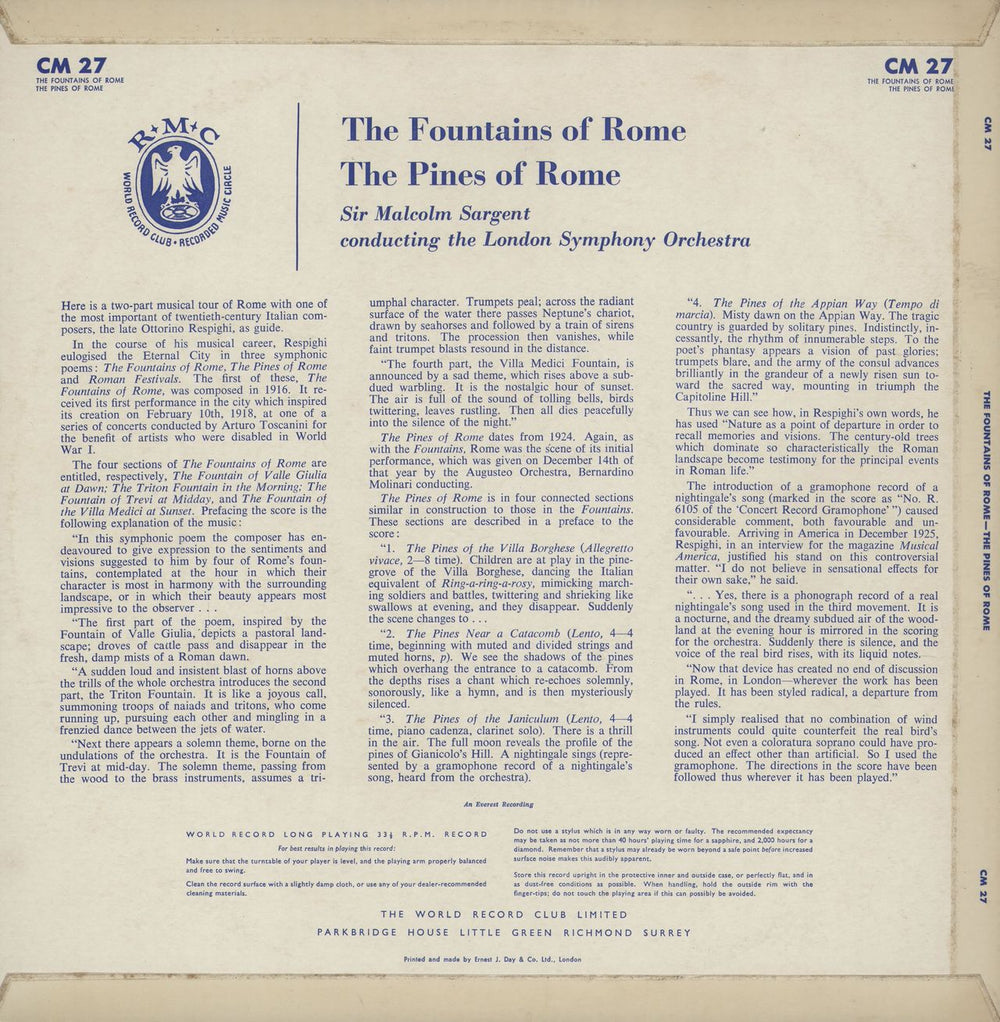 Ottorino Respighi The Fountains Of Rome / The Pines Of Rome - 1st UK vinyl LP album (LP record)