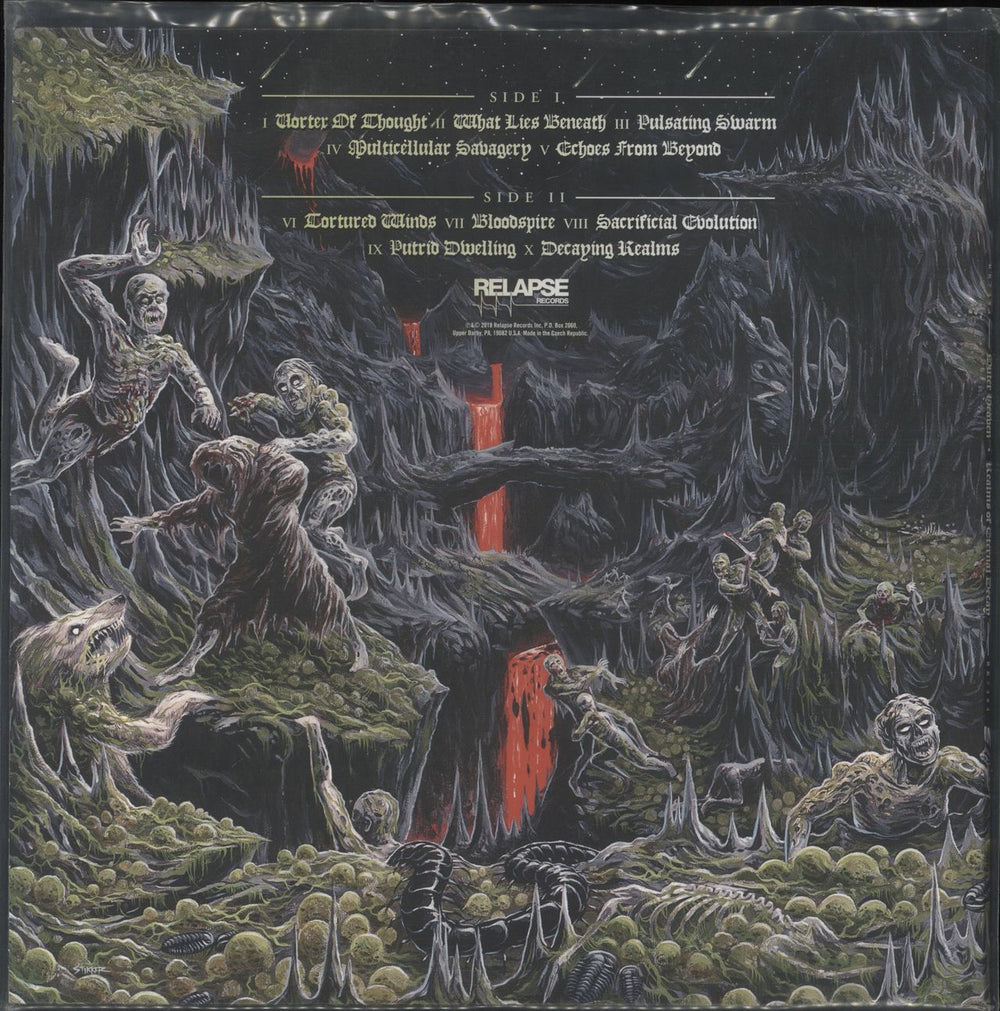 Outer Heaven Realms Of Eternal Decay - Black Ice with Neon Orange And Metallic Silver Splatter US vinyl LP album (LP record) 781676503919