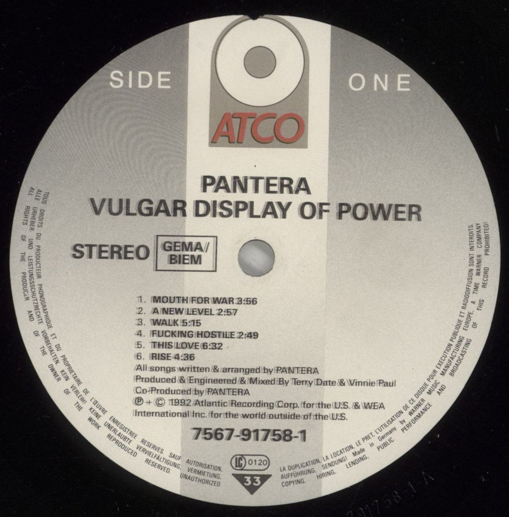 Pantera Vulgar Display Of Power - EX - No Inner German vinyl LP album (LP record) PANLPVU879093