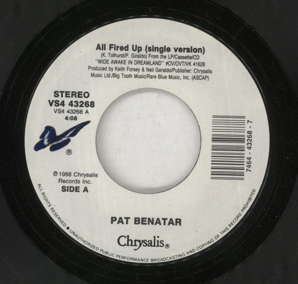 Pat Benatar All Fired Up US 7" vinyl single (7 inch record / 45) BEN07AL849775