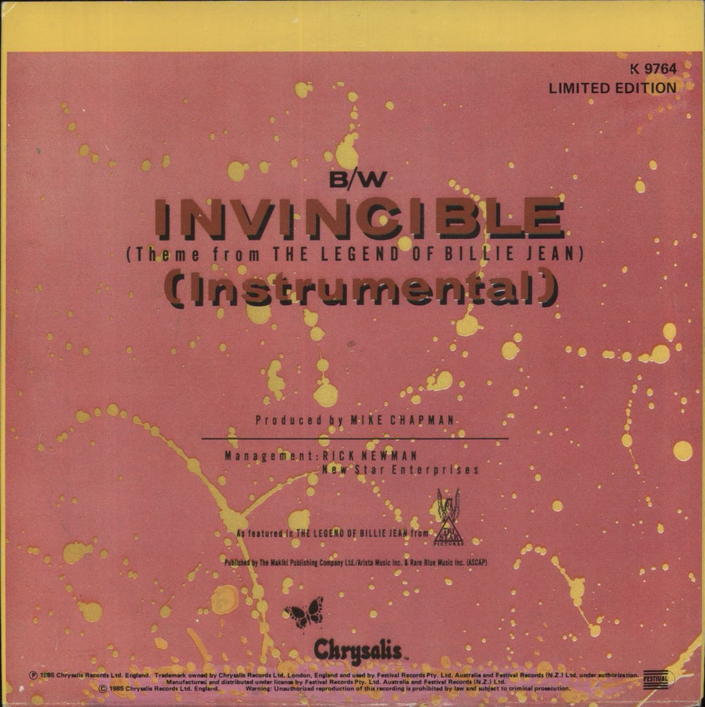 Pat Benatar Invincible Australian 7" vinyl single (7 inch record / 45)