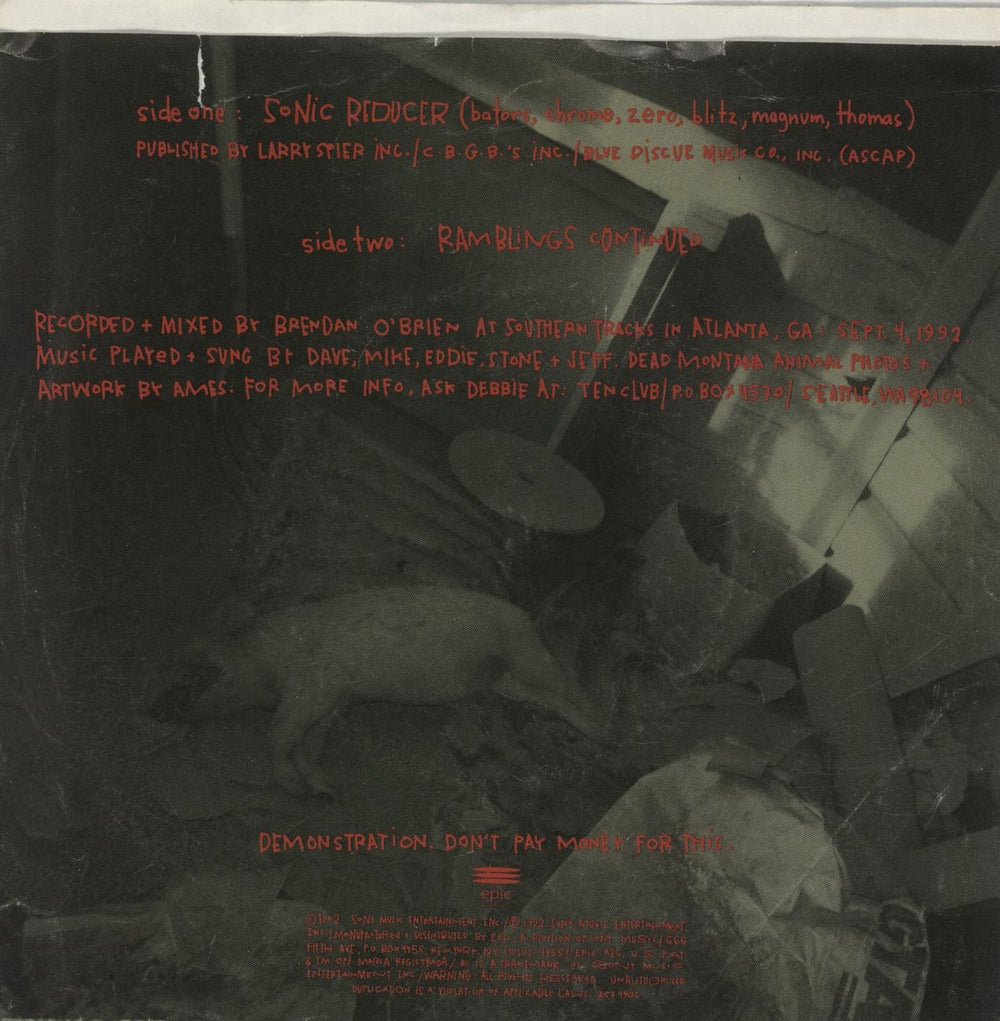 Pearl Jam Sonic Reducer - EX US Promo 7" vinyl single (7 inch record / 45)