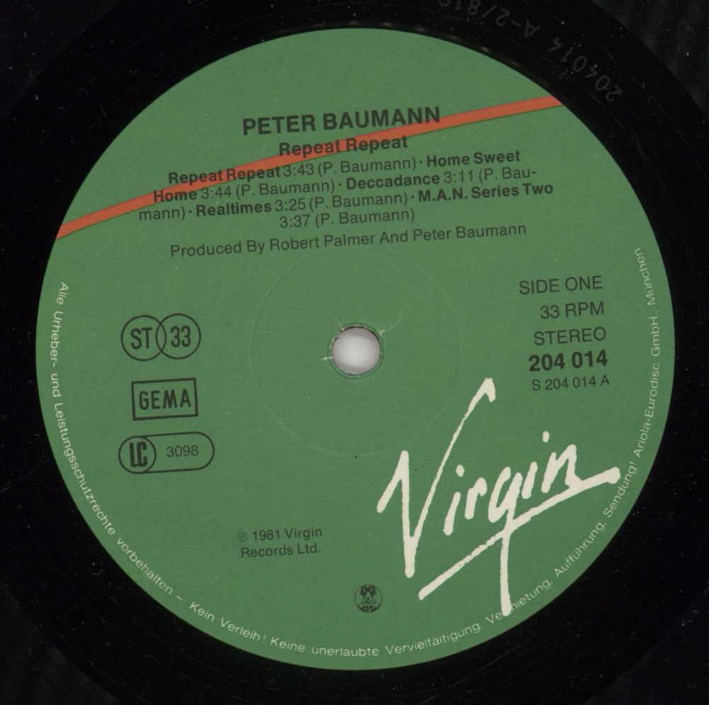 Peter Baumann Repeat Repeat German vinyl LP album (LP record) BMNLPRE672529