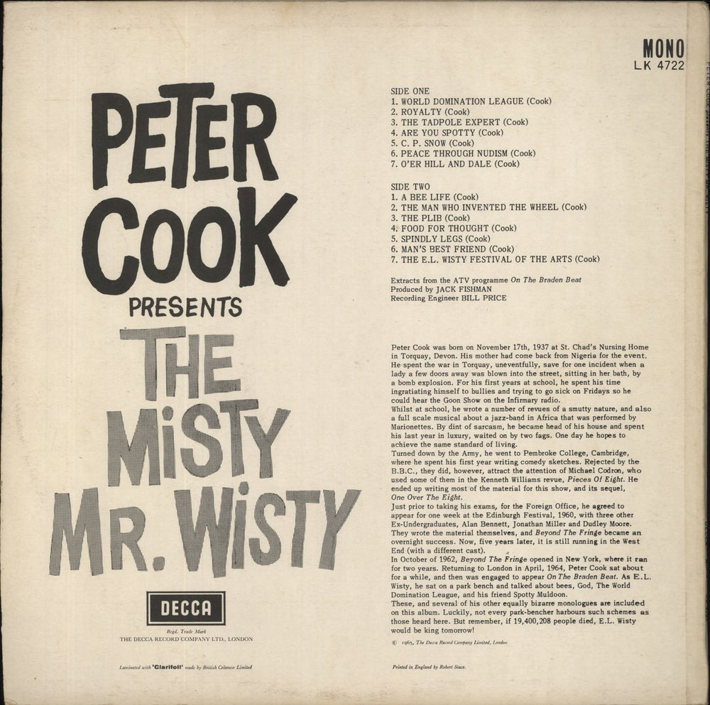 Peter Cook The Misty Mr. Wisty - EX UK vinyl LP album (LP record)