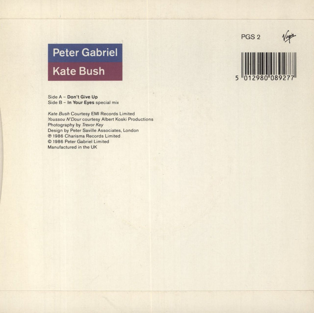 Peter Gabriel Don't Give Up UK 7" vinyl single (7 inch record / 45) 5012980089277