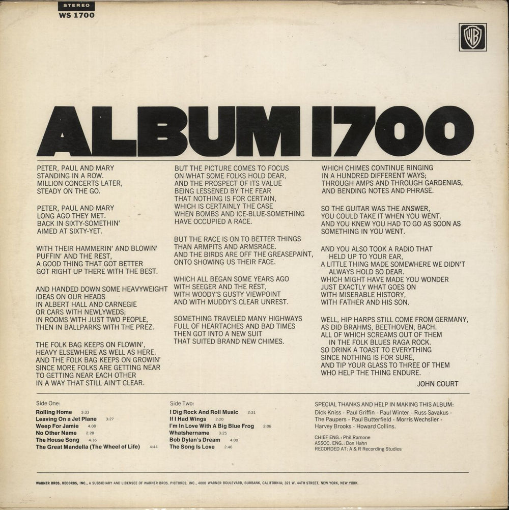 Peter Paul & Mary Album 1700 US vinyl LP album (LP record)