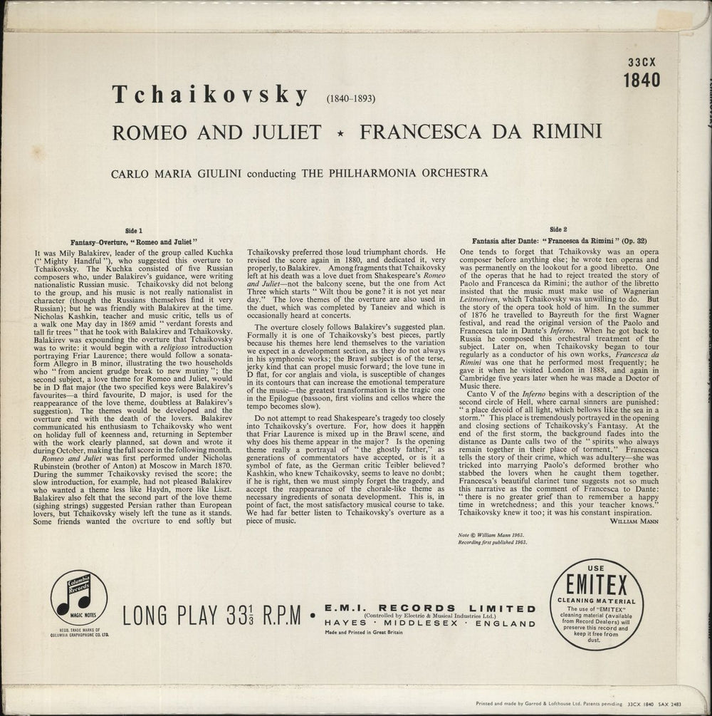 Pyotr Ilyich Tchaikovsky Tchaikovsky: Romeo And Juliet - Francesca Da Rimini UK vinyl LP album (LP record)