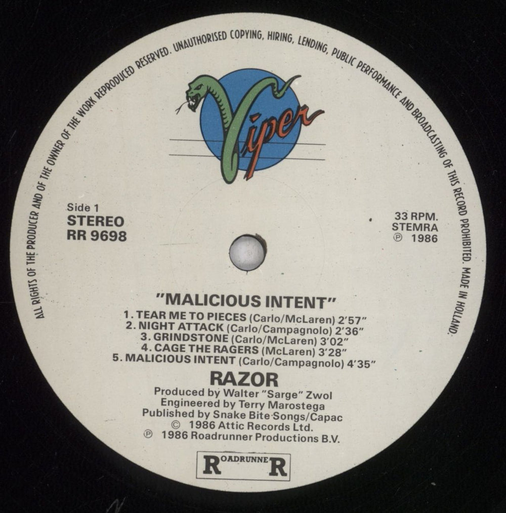 Razor Malicious Intent Dutch vinyl LP album (LP record) W9-LPMA739512