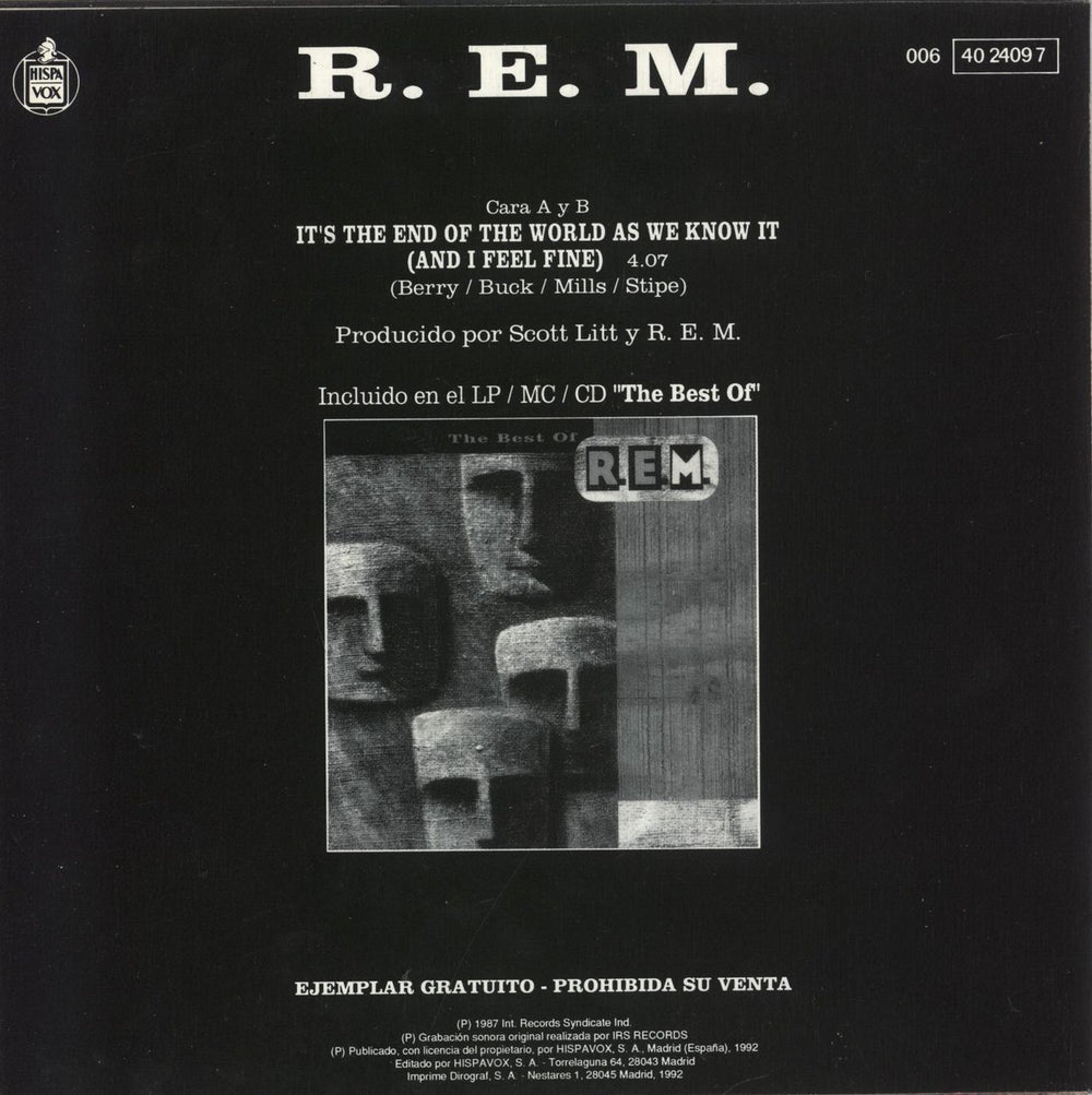 REM It's The End Of The World As We Know It (And I Feel Fine) Spanish Promo 7" vinyl single (7 inch record / 45)