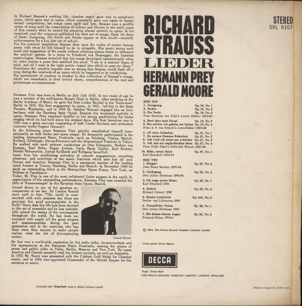 Richard Strauss Lieder UK vinyl LP album (LP record)