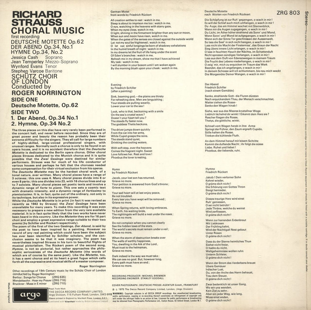 Richard Strauss Strauss: Deutsche Motette, Op. 62 / Der Abend, Op. 34 No. 1 / Hymne, Op. 34 No. 2 UK vinyl LP album (LP record)