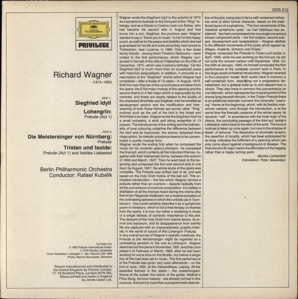 Richard Wagner Wagner: Preludes: Lohengrin / Meistersinger / Tristan Und Isolde / Siegfried-Idyll / Liebestod German vinyl LP album (LP record)