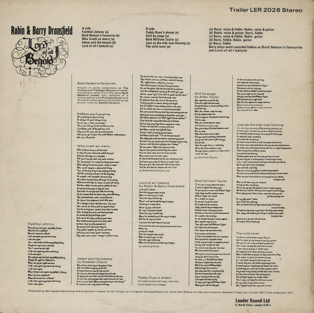 Robin & Barry Dransfield Lord Of All I Behold UK vinyl LP album (LP record)