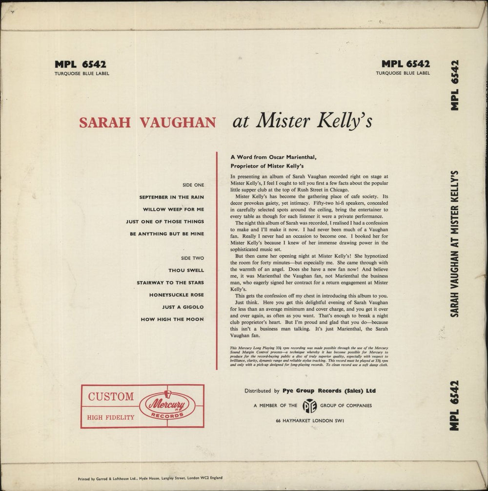 Sarah Vaughan At Mister Kelly's UK vinyl LP album (LP record)