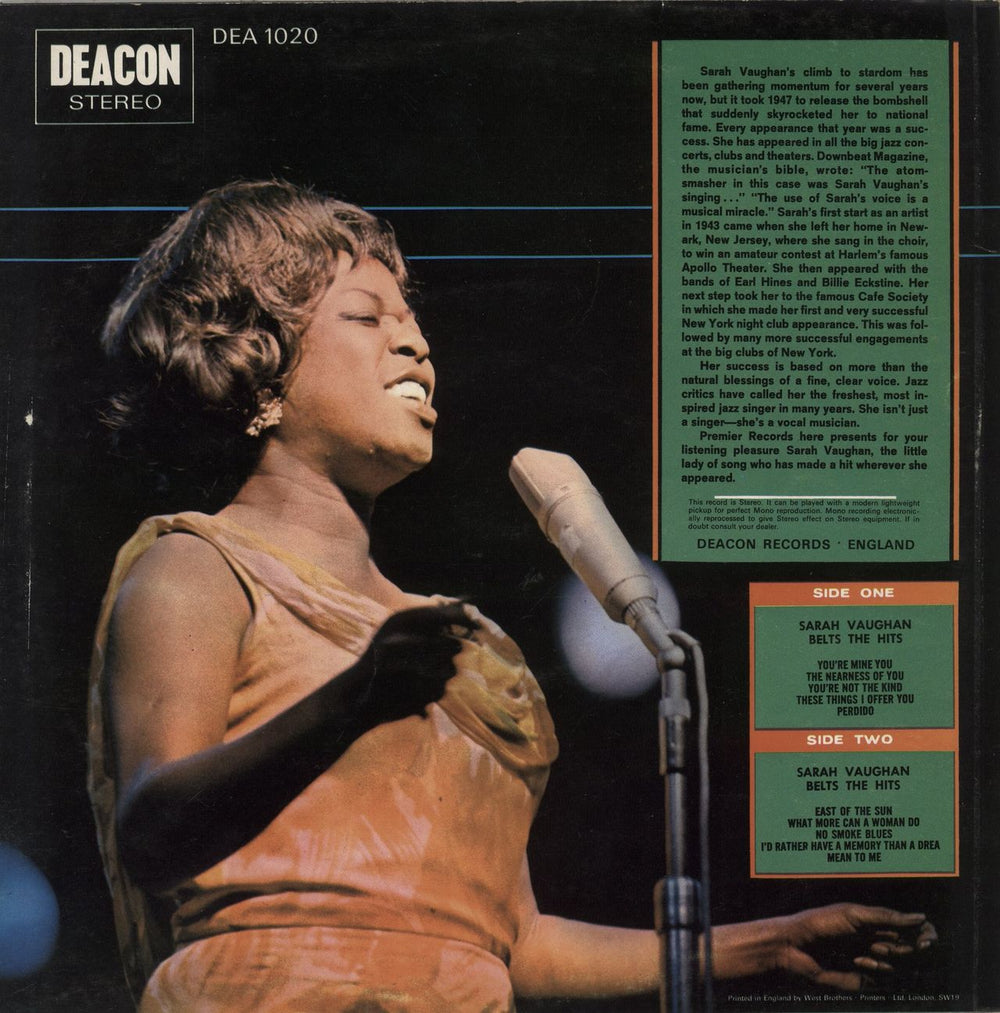 Sarah Vaughan Belts The Hits UK vinyl LP album (LP record)