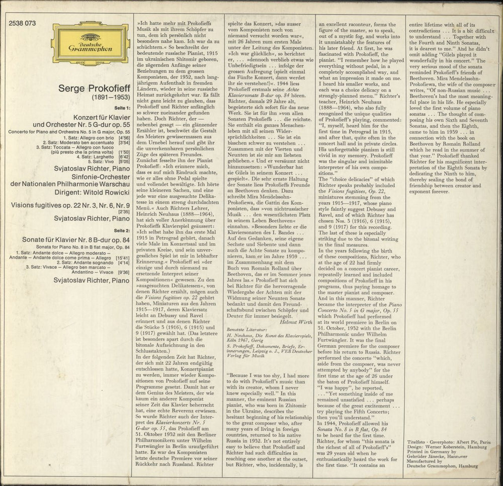 Sergei Prokofiev Prokofieff: Piano Concerto No.5 / Sonata No.8 / Visions Fugitives Op.22 Nos. 3,6,9 German vinyl LP album (LP record)