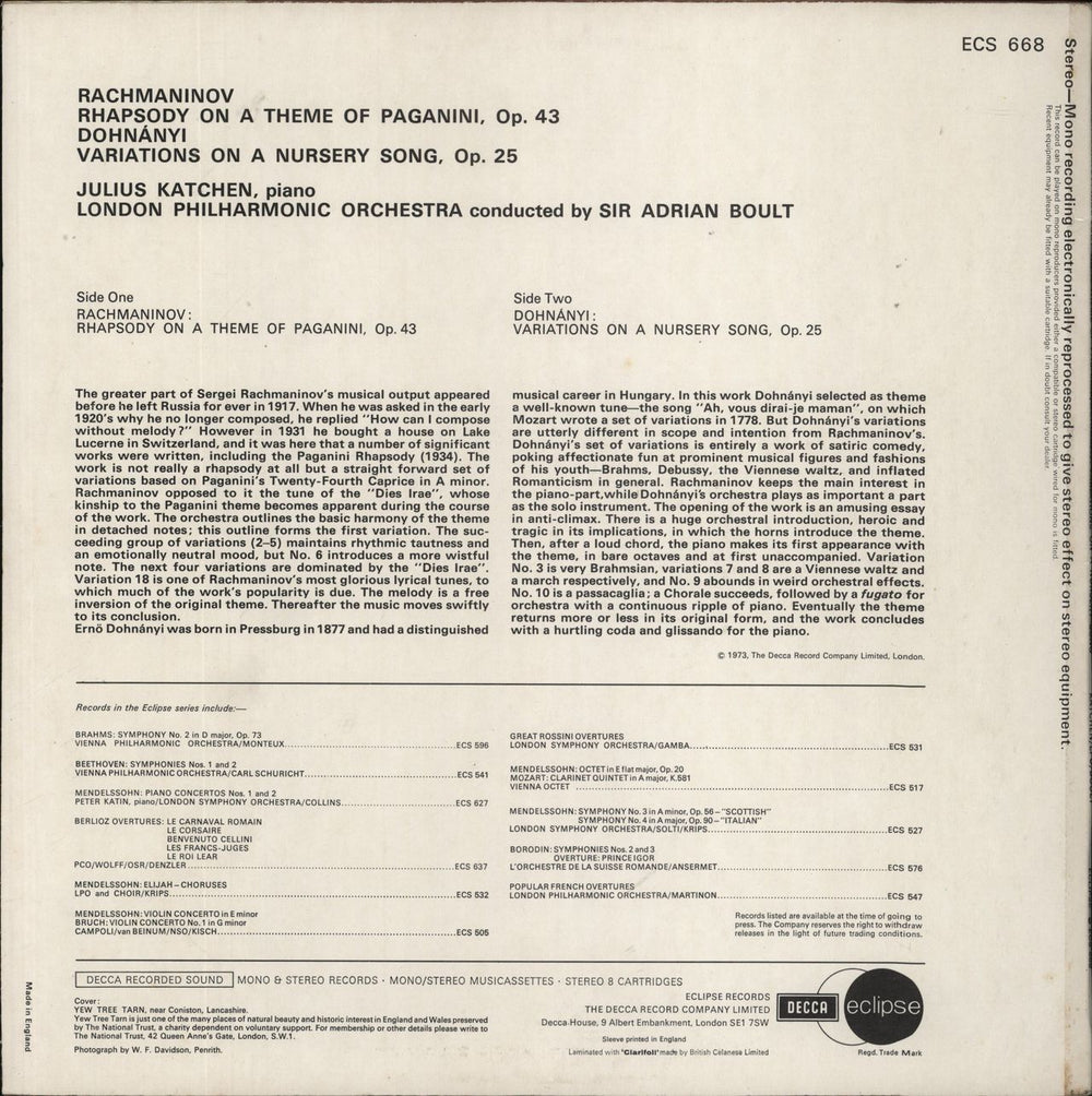 Sir Adrian Boult Rhapsody On A Theme Of Paganini / Variations On A Nursery Tune UK vinyl LP album (LP record)