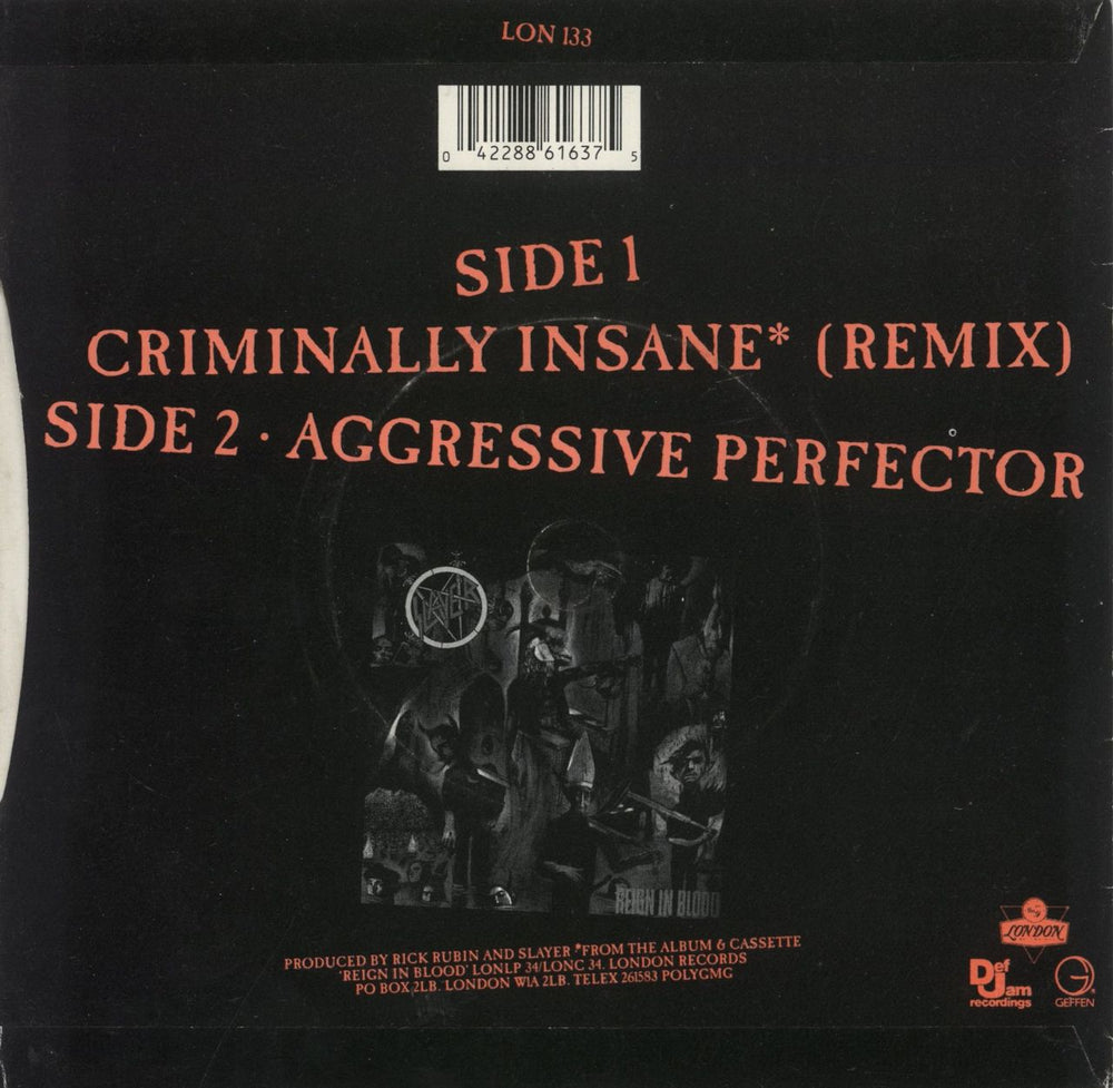 Slayer Criminally Insane UK 7" vinyl single (7 inch record / 45) 042288616375