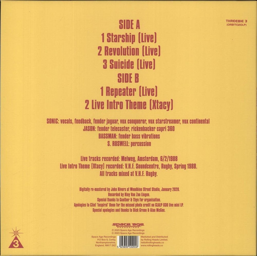 Spacemen 3 Threebie 3 - RSD 2020 - 180 Gram Yellow Vinyl UK vinyl LP album (LP record) 5023693102016