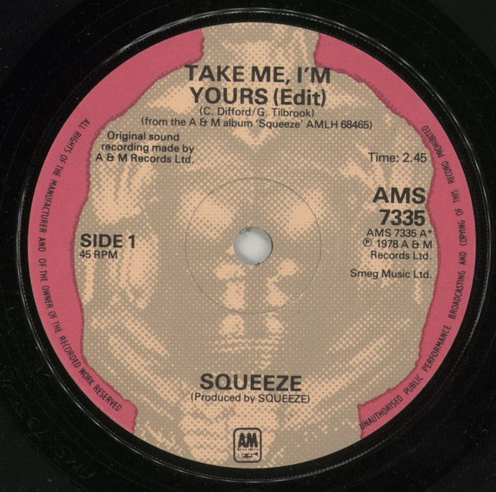 Squeeze Take Me I'm Yours UK 7" vinyl single (7 inch record / 45) SQU07TA42544