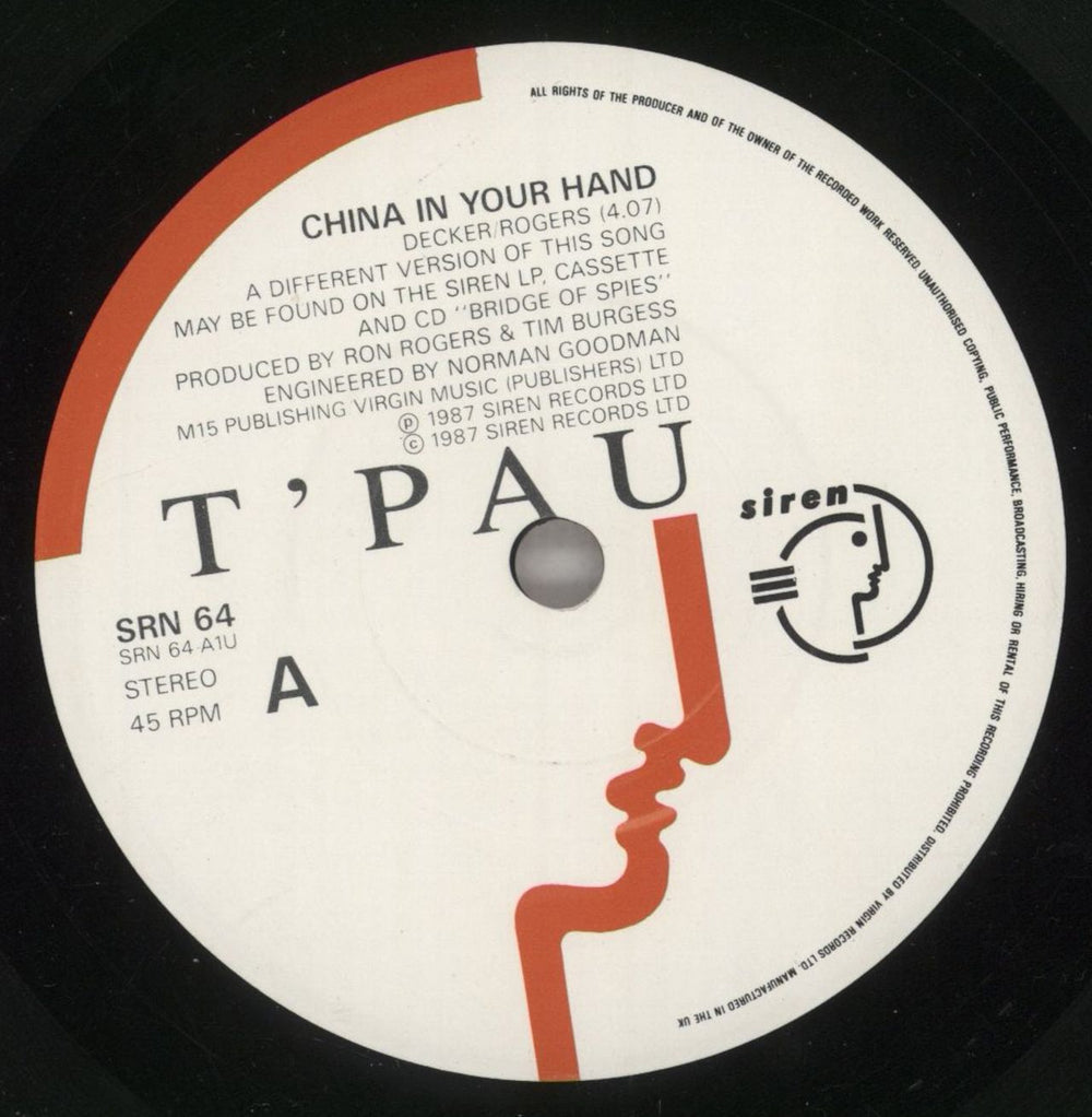 T'Pau China In Your Hand UK 7" vinyl single (7 inch record / 45) TPA07CH289419