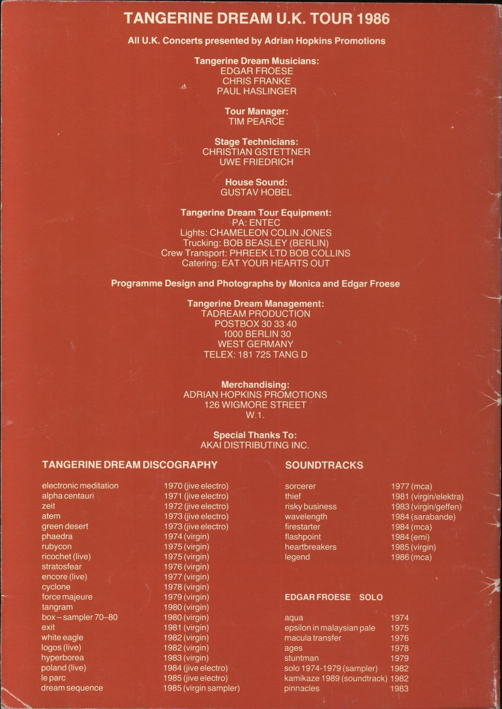 Tangerine Dream UK Tour '86 UK tour programme