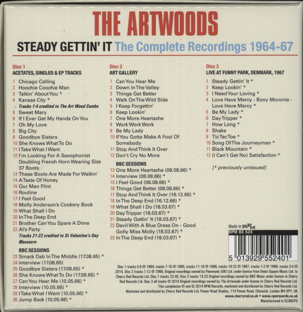 The Artwoods Steady Gettin' It [The Complete Recordings 1964-67] UK 3-CD album set (Triple CD) 5013929552401