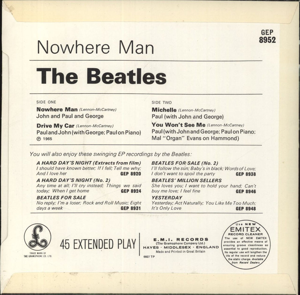 The Beatles Nowhere Man - 2nd UK 7" vinyl single (7 inch record / 45)