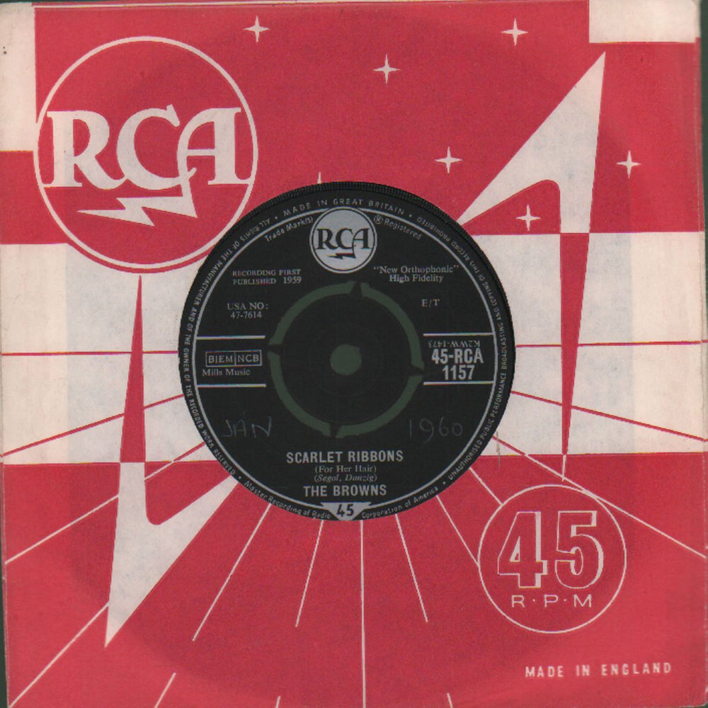 The Browns Scarlet Ribbons UK 7" vinyl single (7 inch record / 45) 45-RCA1157