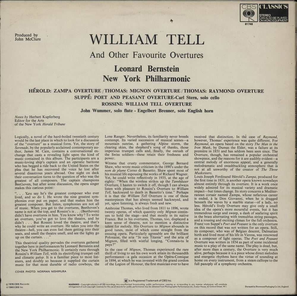 The New York Philharmonic Orchestra William Tell And Other Favourite Overtures UK vinyl LP album (LP record)