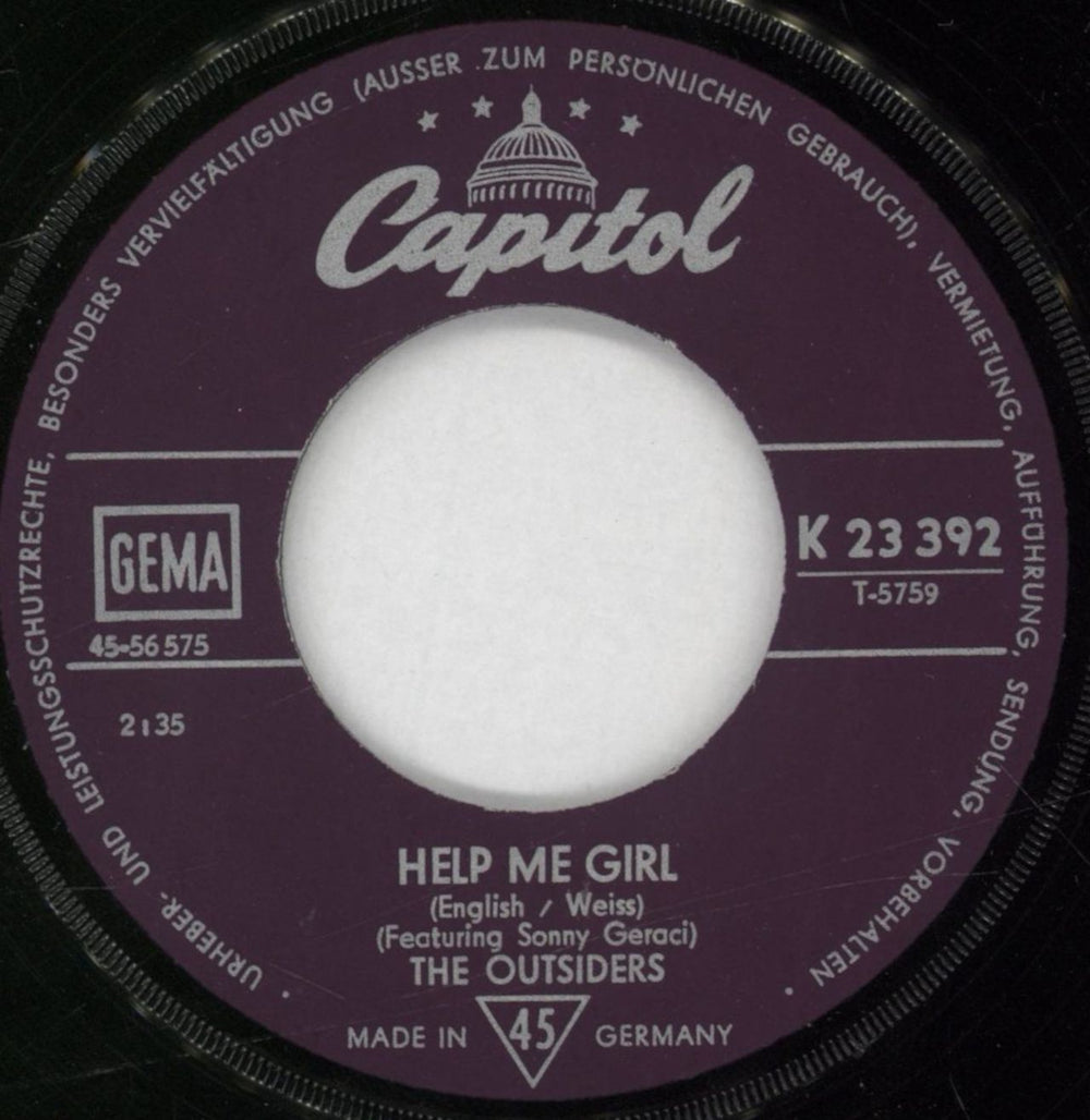 The Outsiders (US) Help Me Girl German 7" vinyl single (7 inch record / 45) U4E07HE843956