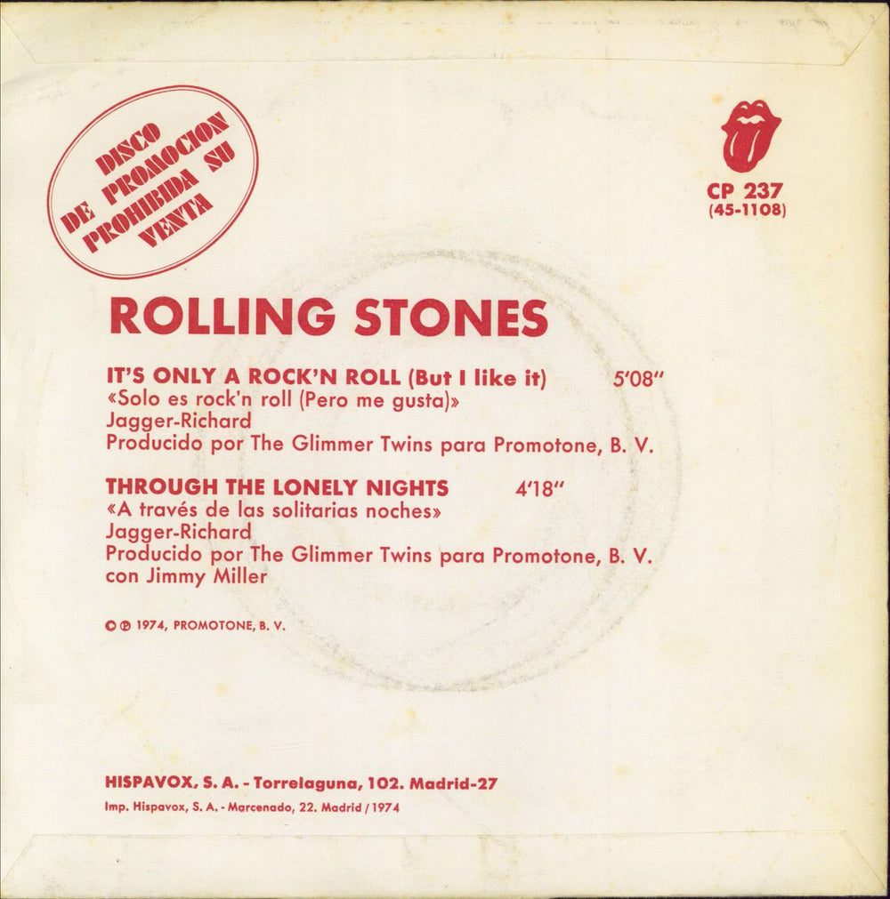 The Rolling Stones Solo es Rock'n Roll (Pero Me Gusta) Spanish Promo 7" vinyl single (7 inch record / 45)