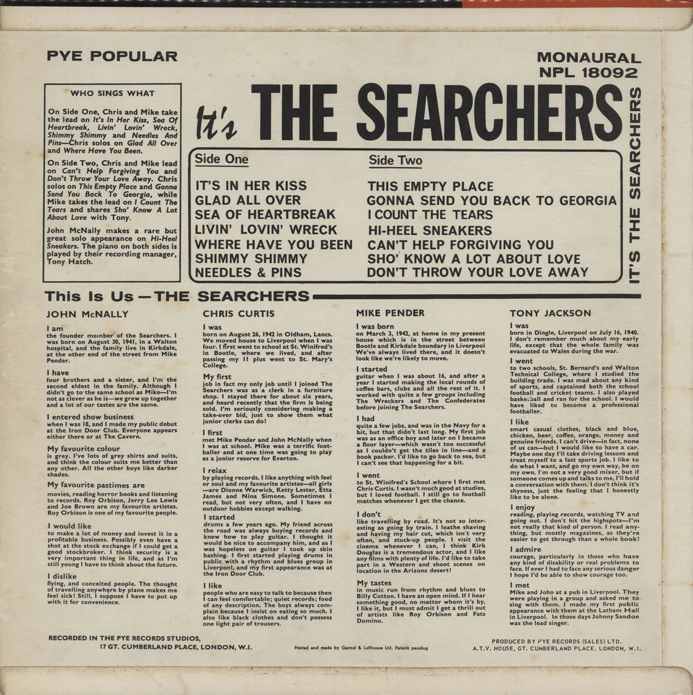 The Searchers It's The Searchers - EX UK vinyl LP album (LP record)