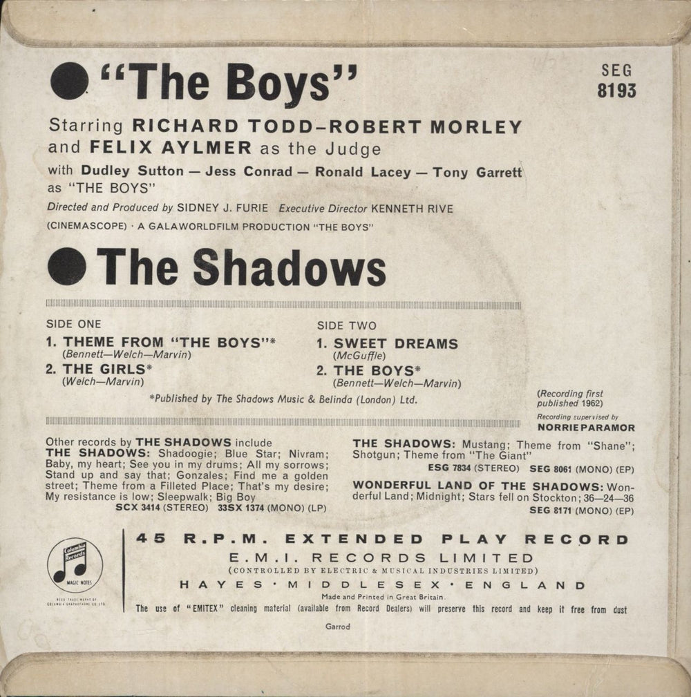 The Shadows The Boys EP UK 7" vinyl single (7 inch record / 45)