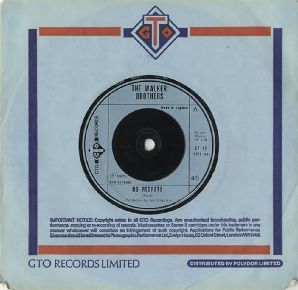 The Walker Brothers No Regrets UK 7" vinyl single (7 inch record / 45) GT42