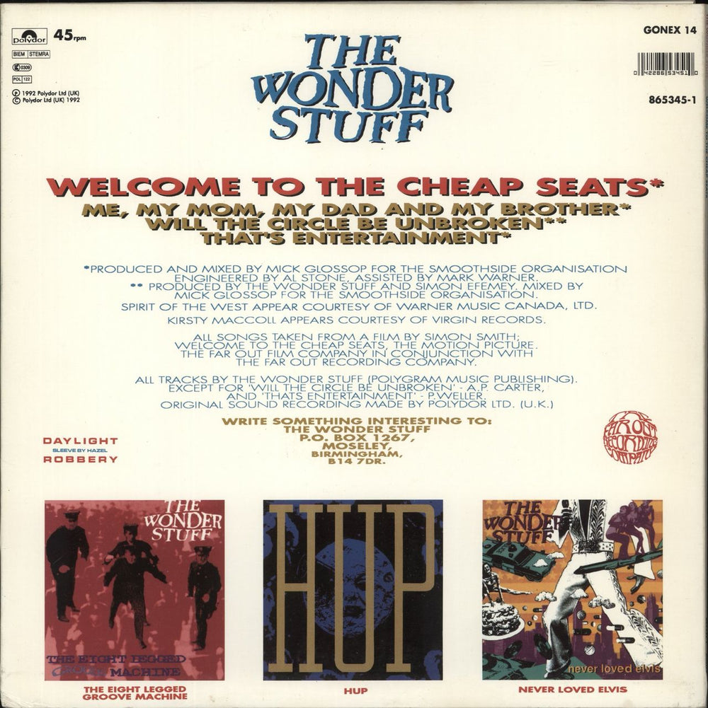 The Wonder Stuff Welcome To The Cheap Seats UK 12" vinyl single (12 inch record / Maxi-single) 042286534510