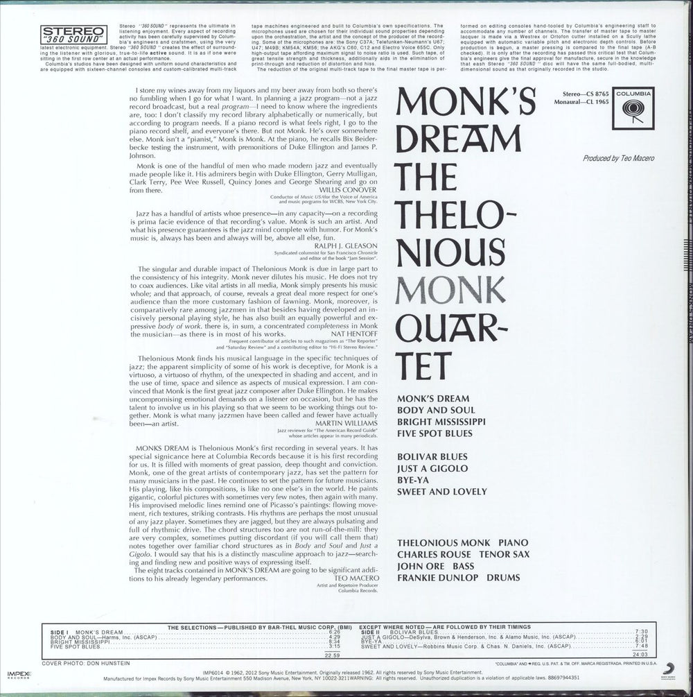 Thelonious Monk Monk's Dream: Remastered - 180 Gram Vinyl US vinyl LP album (LP record)