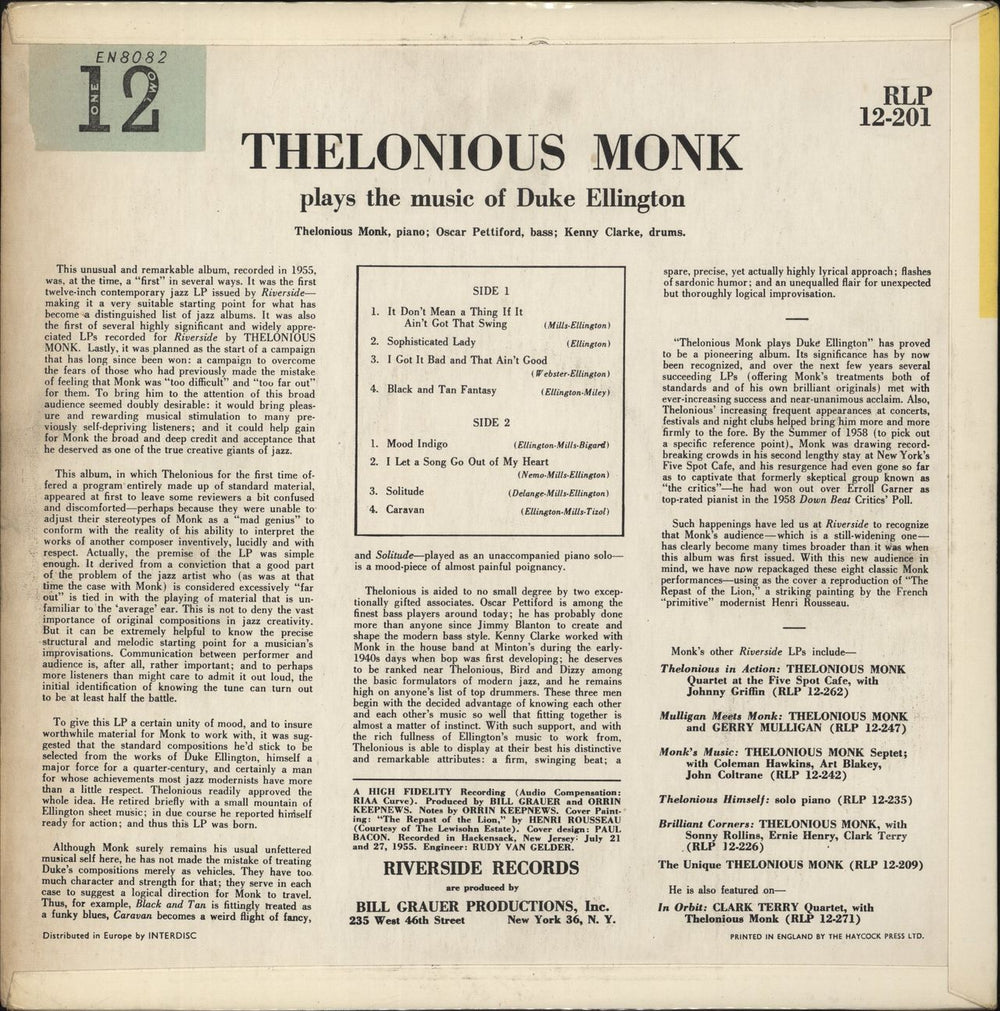 Thelonious Monk Thelonious Monk Plays Duke Ellington - 2nd UK vinyl LP album (LP record)