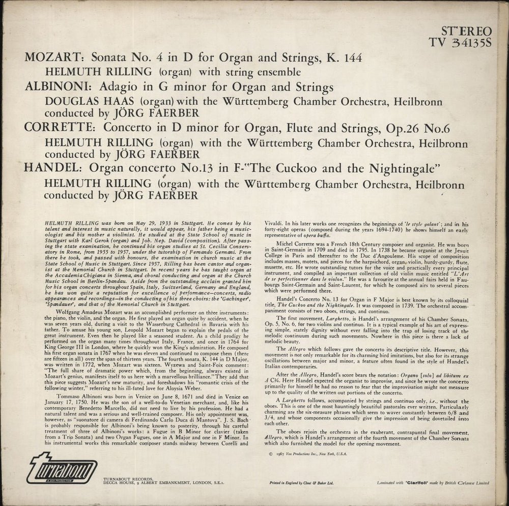 Tomaso Albinoni Adagio For Organ And Strings / Concerto For Organ, Flute And Strings / Organ Concerto No. 13 In F / UK vinyl LP album (LP record)