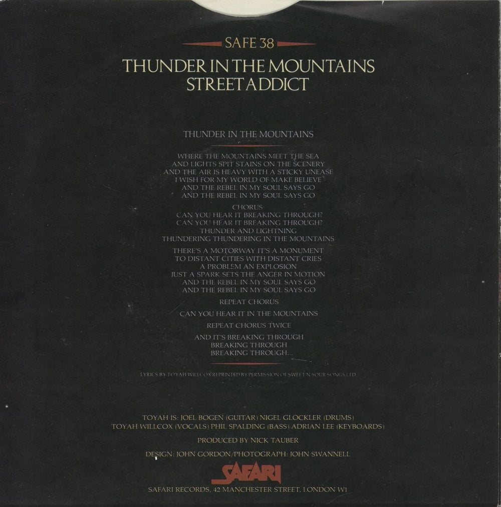 Toyah Thunder In The Mountains UK 7" vinyl single (7 inch record / 45)