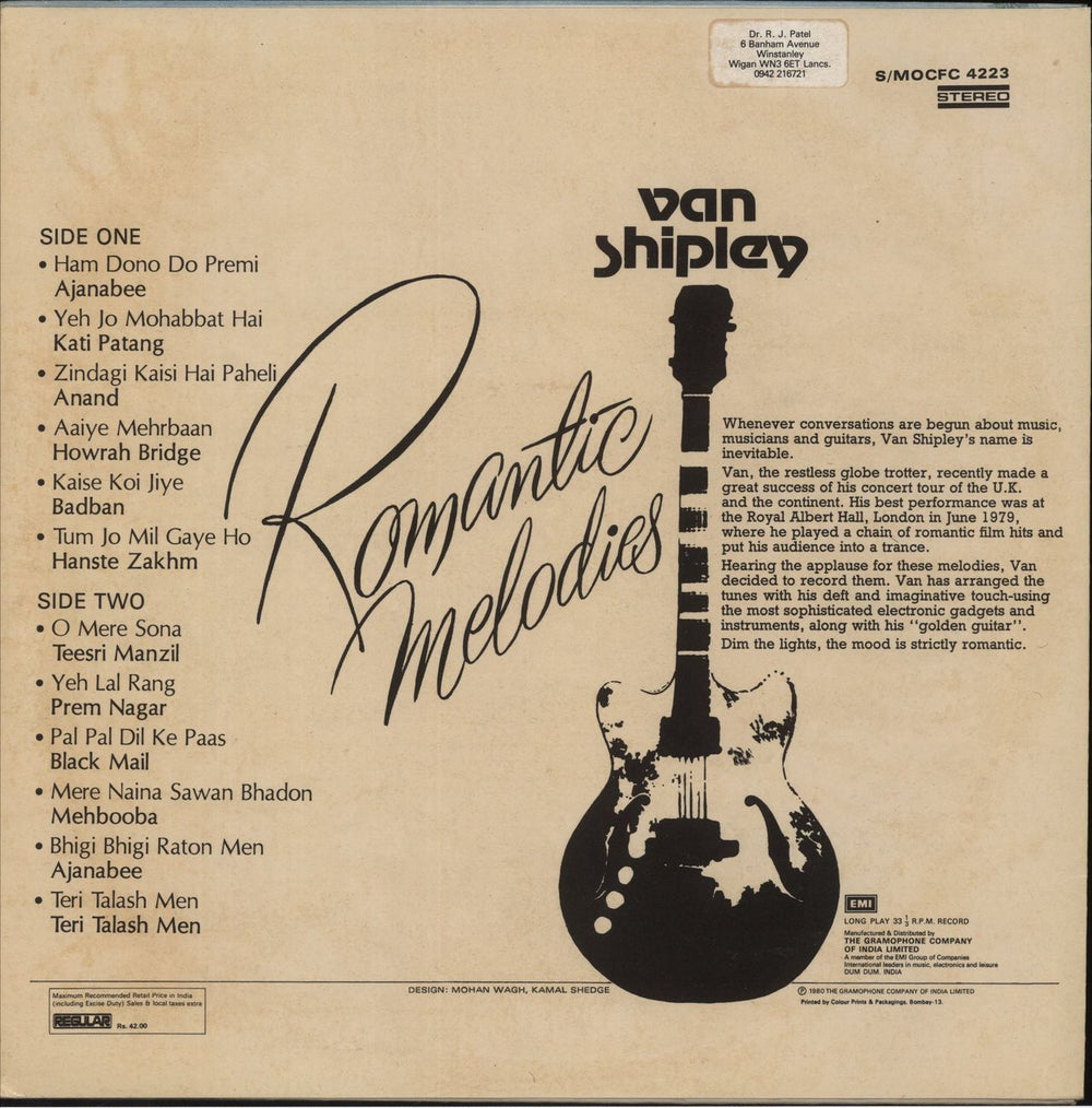 Van Shipley Romantic Melodies Indian vinyl LP album (LP record)