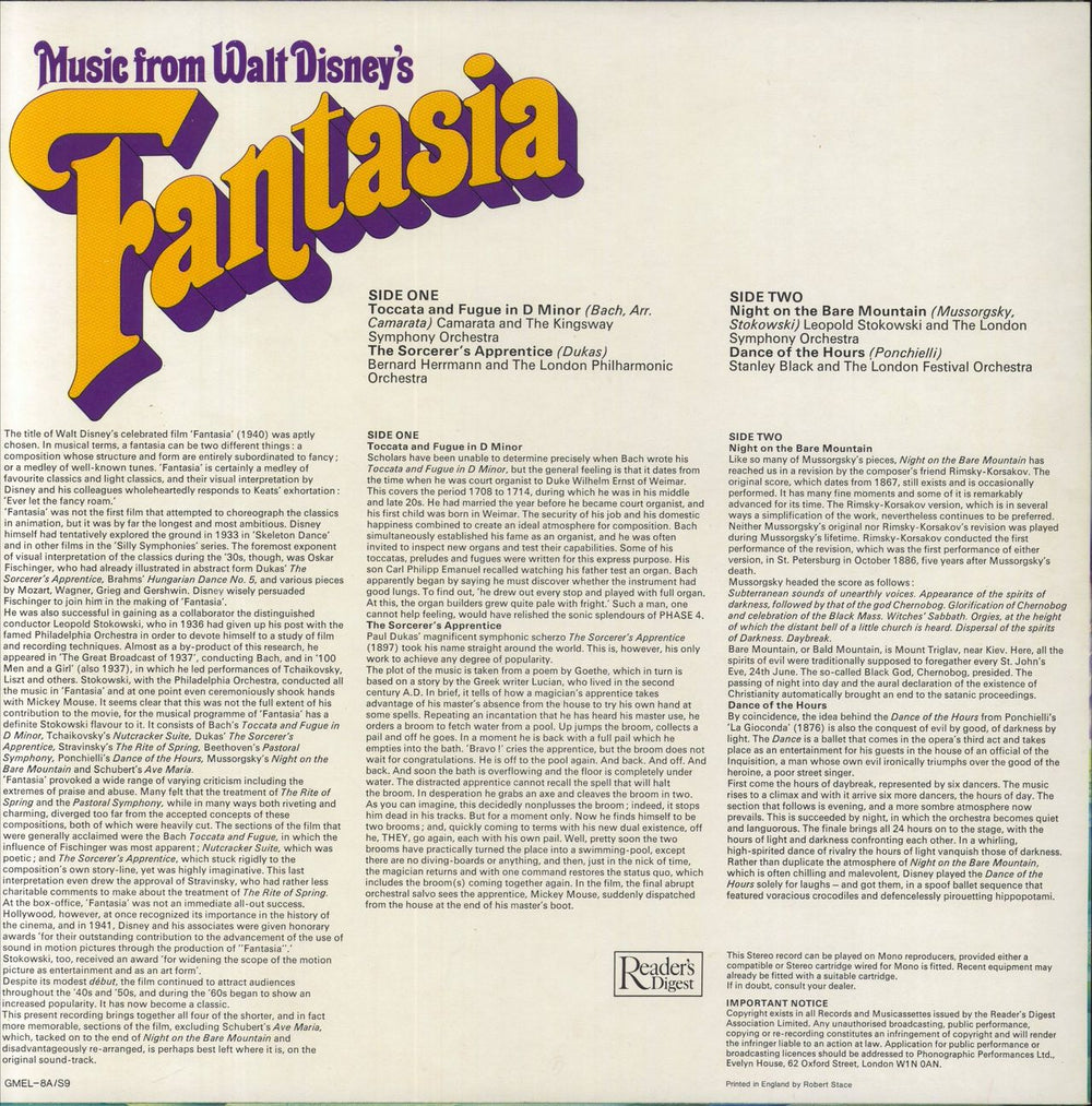 Walt Disney Music From Walt Disney's Fantasia UK vinyl LP album (LP record)