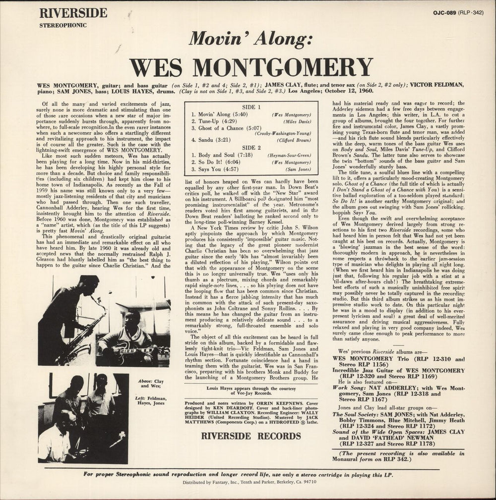 Wes Montgomery Movin' Along US vinyl LP album (LP record) 090204027217