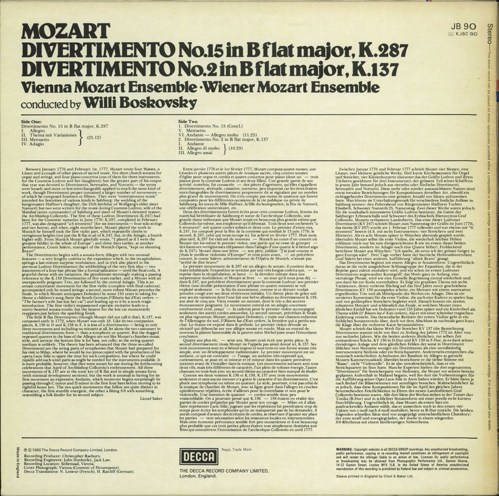 Wolfgang Amadeus Mozart Divertimento No 2 & 15 UK vinyl LP album (LP record)