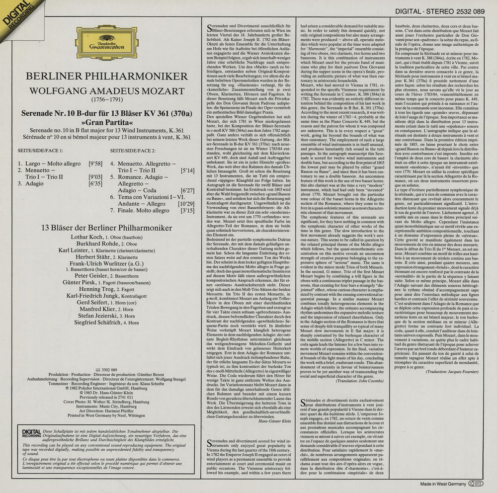 Wolfgang Amadeus Mozart Serenade K.361 For 13 Wind Instruments German vinyl LP album (LP record)