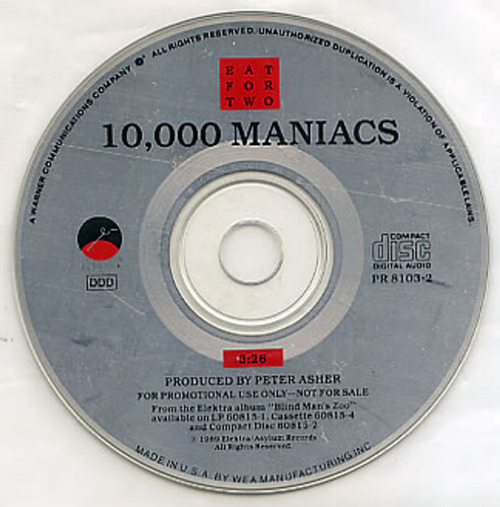 10,000 Maniacs Eat For Two US Promo CD single (CD5 / 5") PR8103-2