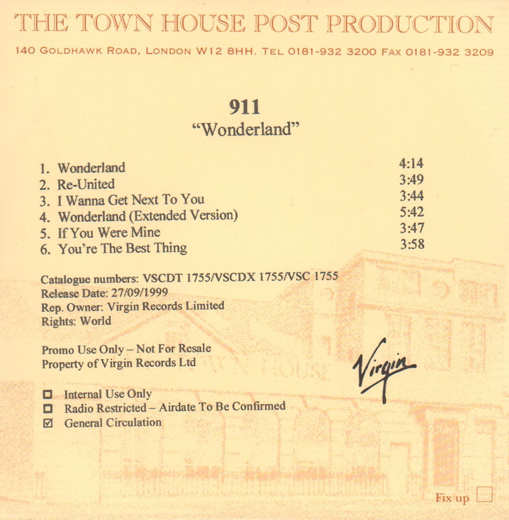 911 Wonderland UK CD-R acetate CD-R