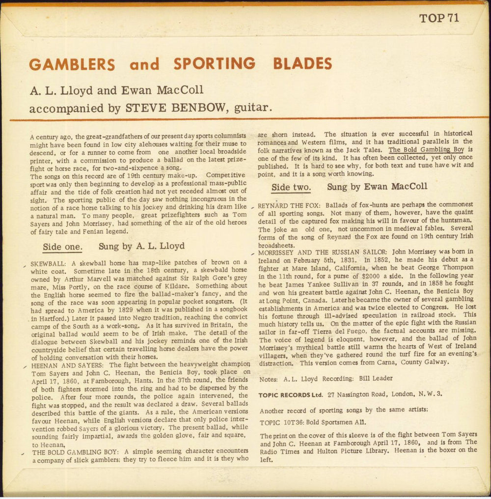 A.L. Lloyd Gamblers And Sporting Blades UK 7" vinyl single (7 inch record / 45)