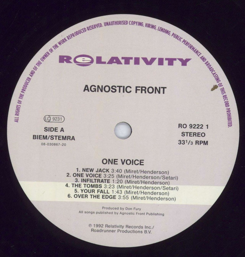 Agnostic Front One Voice UK vinyl LP album (LP record) FR2LPON832024